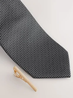 Next - Cravate texturée avec pince à cravate Gris Sale