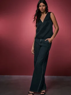 Next Gris - Jean palazzo taille haute clouté noir délavé avec ornements à jambe large Hot