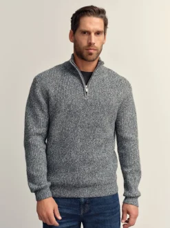 Next Gris - Pull Coupe classique texturé en maille à col zippé avec laine New