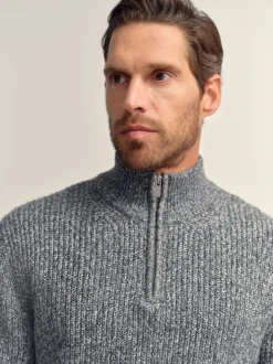 Next Gris - Pull Coupe classique texturé en maille à col zippé avec laine New