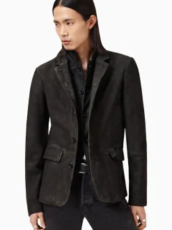 All Saints Gris Anthracite - Blazer AllSaints Survey en cuir daim gris double couche Online