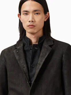 All Saints Gris Anthracite - Blazer AllSaints Survey en cuir daim gris double couche Online