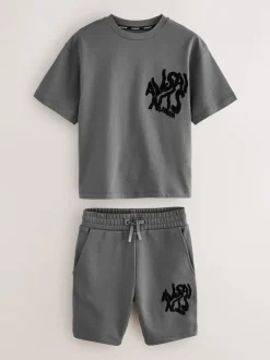smALLSAINTS Gris anthracite/floqué - Ensemble t-shirt et short en molleton Orlando New