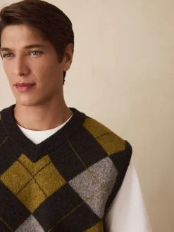 Next Gris anthracite/jaune ocre - Débardeur décontracté à col en V en maille Argyle avec laine Online