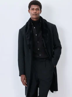 Next Gris de charbon de bois - Manteau Epsom à carreaux riches en laine avec revers bordé de fourrure Hot