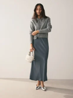Next - Jupe Midi Satin Gris de charbon de bois Hot
