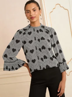 Love & Roses Gris imprimé cœur - Chemisier plissé à manches flûte à col rond Discount