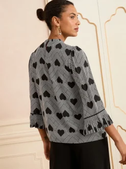 Love & Roses Gris imprimé cœur - Chemisier plissé à manches flûte à col rond Discount