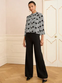 Love & Roses Gris imprimé cœur - Chemisier plissé à manches flûte à col rond Discount