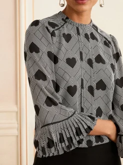 Love & Roses Gris imprimé cœur - Chemisier plissé à manches flûte à col rond Discount