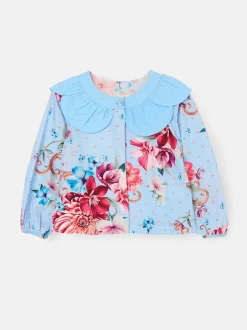 Angel & Rocket Haut Darcy bleu imprimé à col pétale Clearance