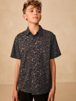 Next - Chemise imprimée Manches courtes (3-16ans) Impression animale brune Sale