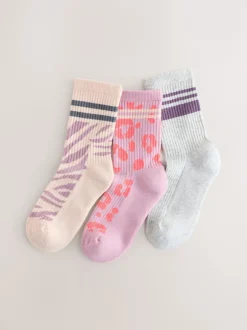 Next Imprimé animal - Lot de 3 paires de chaussettes côtelées à semelle rembourrée en coton majoritaire Clearance