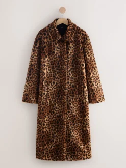 Next Imprimé Léopard - Manteau long en fausse fourrure Outlet