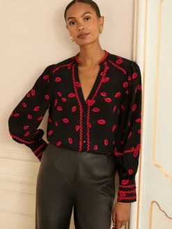 Love & Roses - Chemisier manches longues à col cranté Imprimé lèvres noires