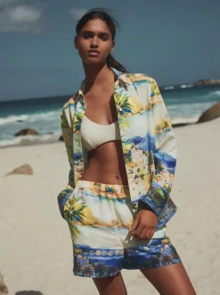 Next Imprimé scénique - Short à taille élastique en lin Clearance