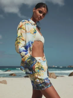 Next Imprimé scénique - Short à taille élastique en lin Clearance