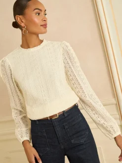 Love & Roses ivoire - Haut en dentelle à manches longues Sale