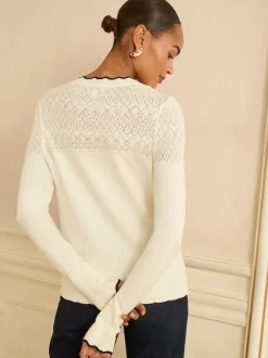 Love & Roses - Cardigan en maille Ivoire et noir festonné New