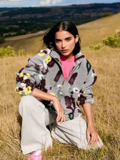 Next Jacquard gris fleuri - Sweat-shirt polaire à col zippé Borg fleuri Clearance