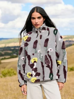 Next Jacquard gris fleuri - Sweat-shirt polaire à col zippé Borg fleuri Clearance