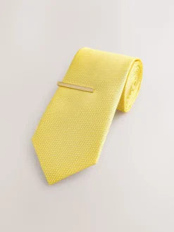 Next - Cravate texturée avec pince à cravate Jaune Best