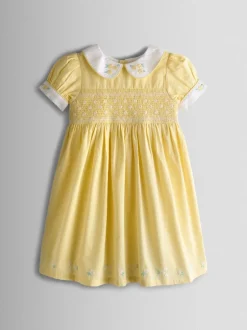 Jojo Maman Bébé Jaune clair - Robe de fête Bud Fleurie Brodé à col smocké Sale