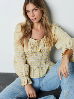 Next jaune vichy - Haut Milkmaid à manches longues froncé Sale