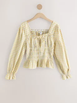 Next jaune vichy - Haut Milkmaid à manches longues froncé Sale