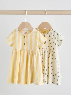 Next Jaune/Crème Pois/Rayure - Lot de 2 robes à manches courtes pour bébé (0mois à3ans) Sale