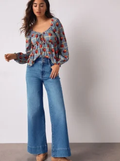 Next Jean bleu moyen - Jean extensible Ample taille haute Sale