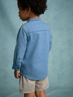 Next Jena bleu - 100% Coton Manches longues Col mao Denim Chemises (3mths-7yrs) Hot