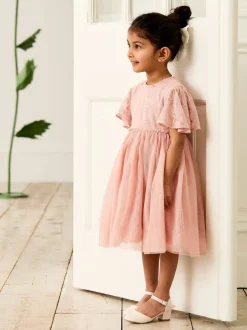 Jojo Maman Bébé Dentelle brodée Manches festonnées Fleur Imprimé Filles Robe Online