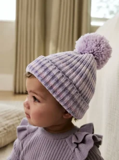 Next Lilas ton sur ton - Chapeau à pompons en maille chenille bébé (0mois-2ans) Clearance