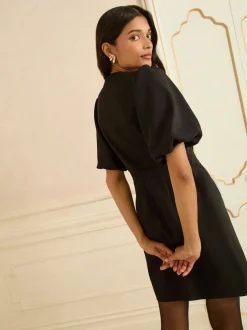 Love & Roses mini-robe dorée boutonnée à manches bouffantes