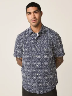 Next marine - Chemise Tile texturée brodée à manches courtes New