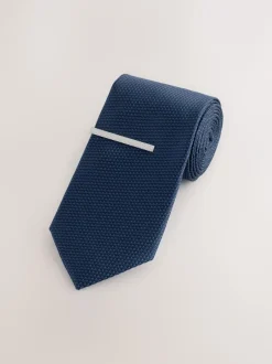 Next - Cravate texturée avec pince à cravate marine Discount