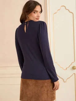 Love & Roses - haut en jersey à manches longues et col volanté marine Online