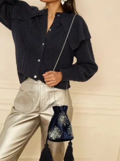 Love & Roses marine - Pochette en velours avec ornements sequins