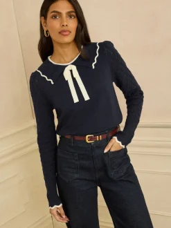 Love & Roses marine - Pull col en maille Clearance