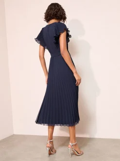 Friends Like These marine - Robe mi-longue en mousseline plissée avec empiècement en dentelle New