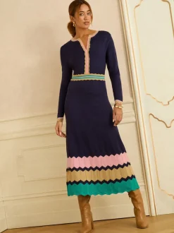 Love & Roses marine - Robe mi-longue en maille à encolure crantée Clearance