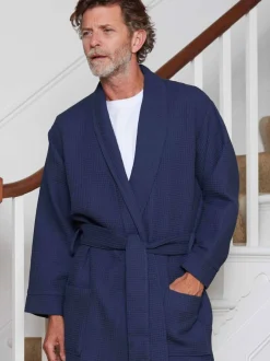 Savile Row Company marine - Robe de chambre gaufrée en coton Outlet