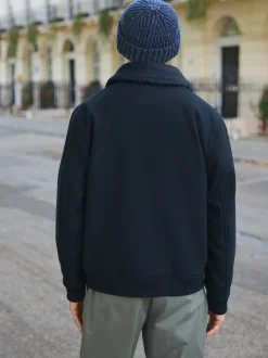 Next marine - Veste en sergé de laine mélangée à col en peau lainée Online