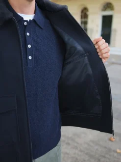 Next marine - Veste en sergé de laine mélangée à col en peau lainée Online