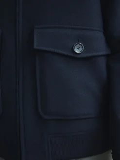 Next marine - Veste en sergé de laine mélangée à col en peau lainée Online