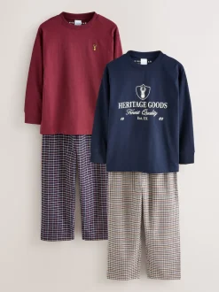 Next - Lot de 2 pyjamas en tissu à carreaux à manches longues (3-16ans) Marine/Bourgogne Outlet
