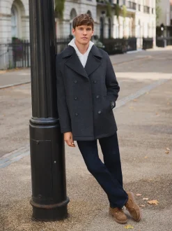 Next Marine/Charbon - Manteau riche en laine et doux au toucher à dents de chien New