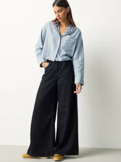 Next Marine/White Stripe - Chemise raccourcie décontractée à manches longues avec broderie de poche Sale