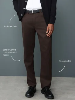 Next Marron - Ajustement droit - Chinos en coton brossé élégant TENCEL™ Lyocell Blend avec ceintures Sale